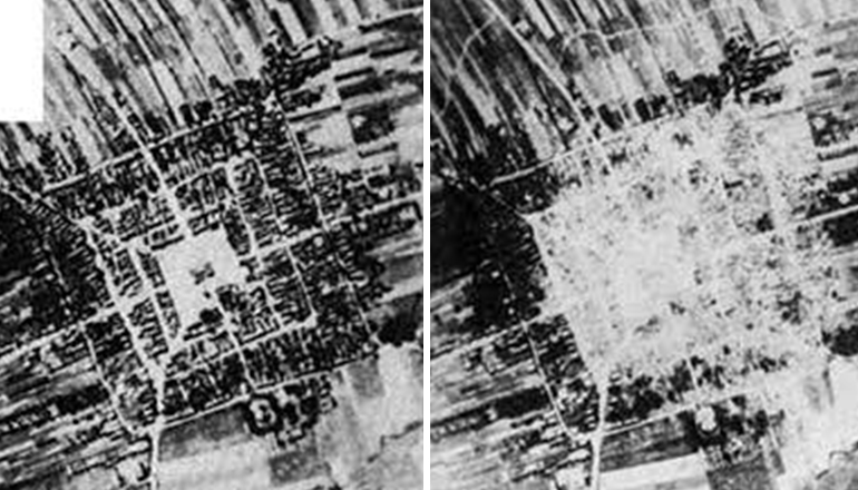 Frampol. Porównanie planów urbanistycznych: 1. Miasto przed 1939 r., 2. Miasto po ćwiczebnych bombardowaniach niemieckich 1943.